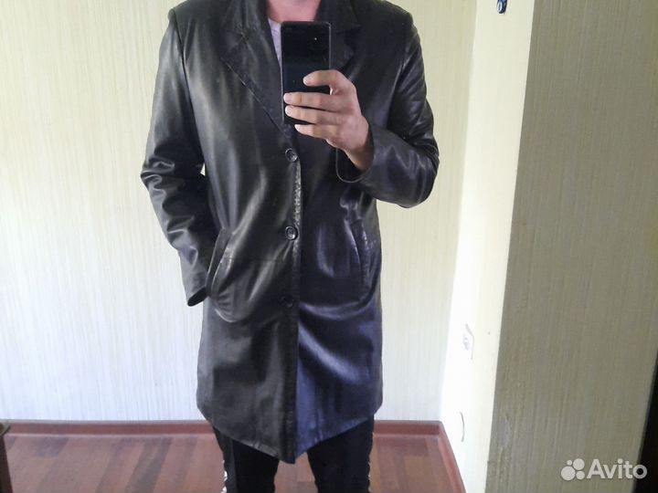 Кожаный плащ тренч мужской