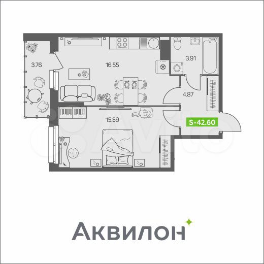 1-к. квартира, 42,6 м², 3/8 эт.
