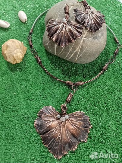 Набор : Подвеска + серьги. Медь, натур. камни