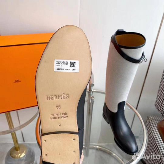 Сапоги женские Hermes холст кожа чёрные