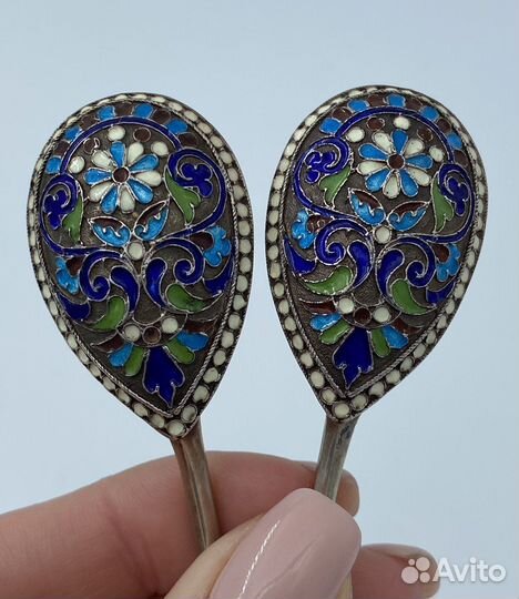 Ложки чайные пара серебро 84 проба эмаль