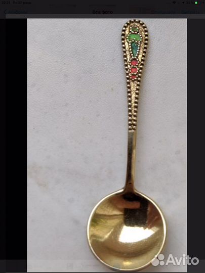 Серебро ложка для солонки с позолотой, эмалью