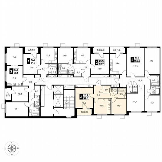 2-к. квартира, 52,4 м², 12/15 эт.