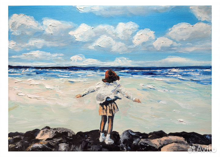 Картина маслом море, девушка у моря