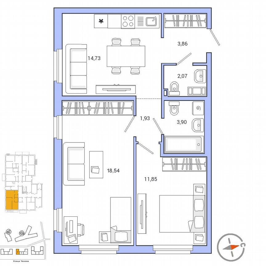 2-к. квартира, 56,9 м², 1/9 эт.