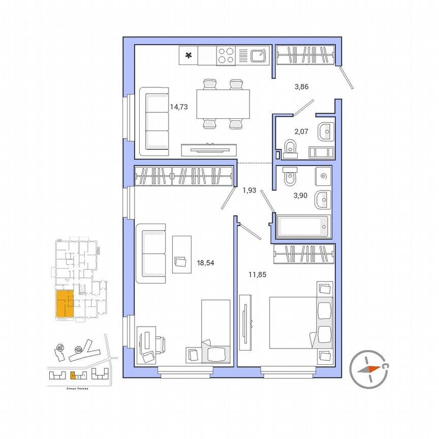 2-к. квартира, 56,9 м², 1/9 эт.