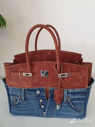 Джинсовая кожаная сумка a'la Биркин 35