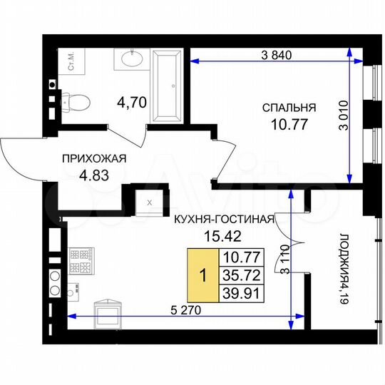 1-к. квартира, 39,9 м², 2/7 эт.