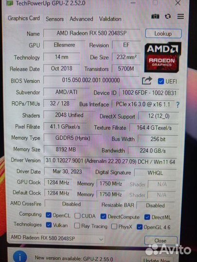 Видеокарта rx580 8gb 2048sp