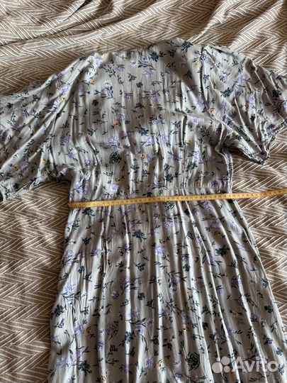 Платье хлопковое в цветок миди голубое