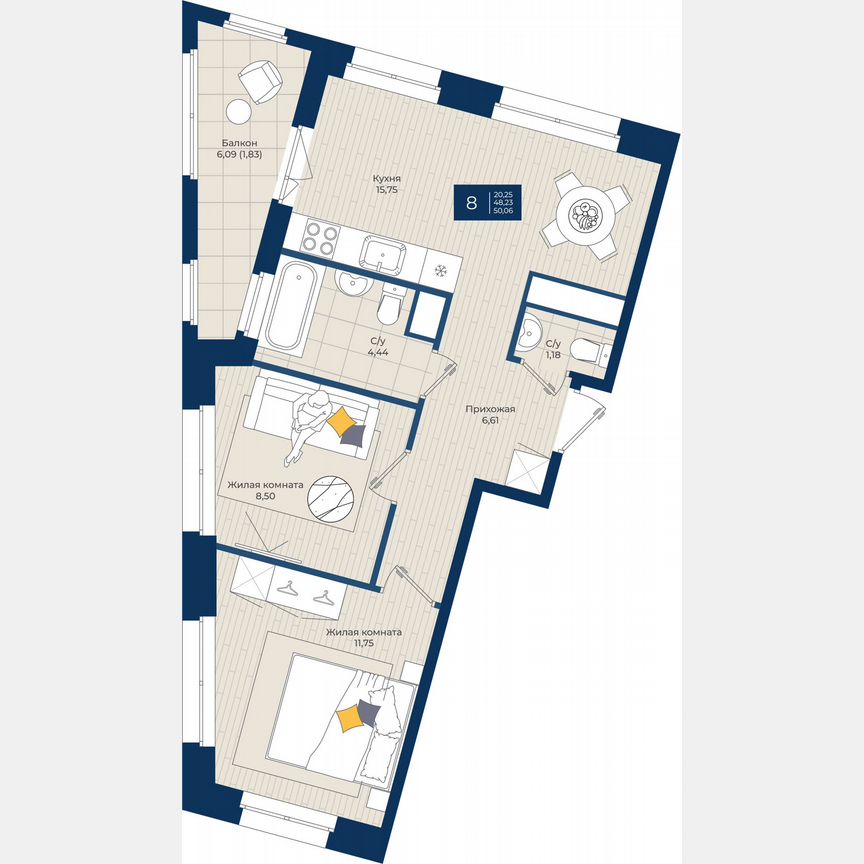 2-к. квартира, 50,1 м², 2/12 эт.
