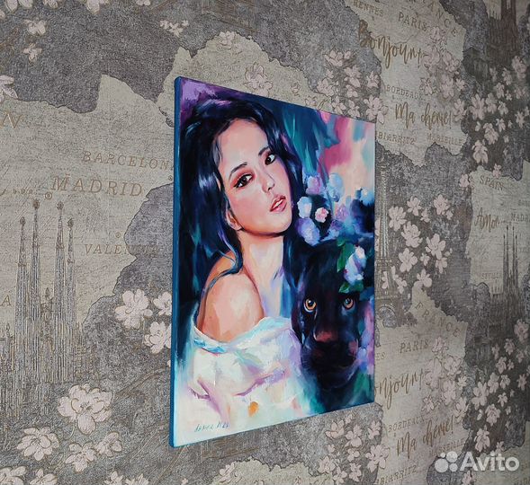 Картина маслом на холсте Девушка и пантера