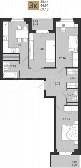 3-к. квартира, 69,1 м², 10/16 эт.