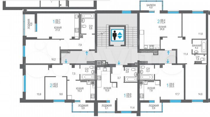 1-к. квартира, 55,3 м², 7/8 эт.