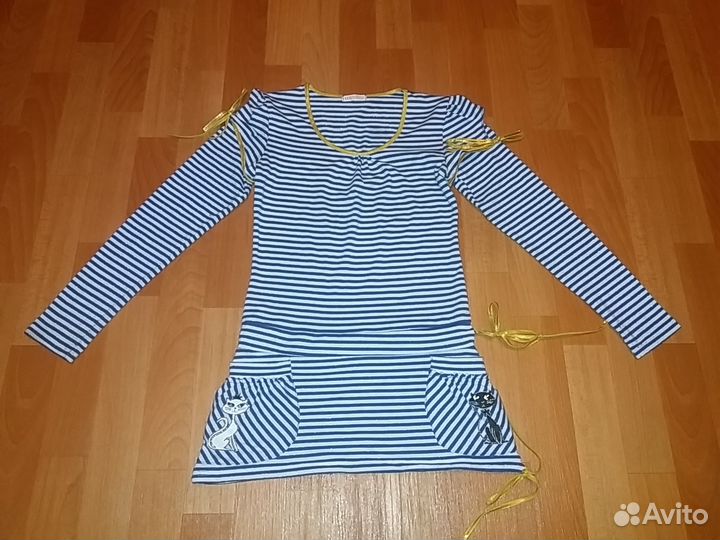Туника хлопок морячка синяя полоска кошки