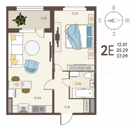 1-к. квартира, 37,1 м², 17/18 эт.