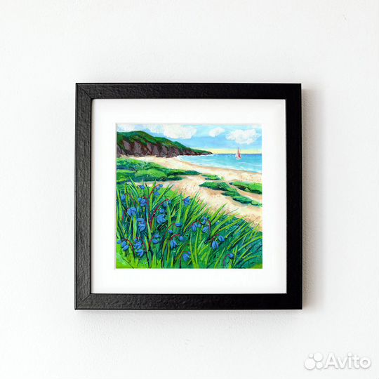 Морской пейзаж с берегом моря и парусником. Картин