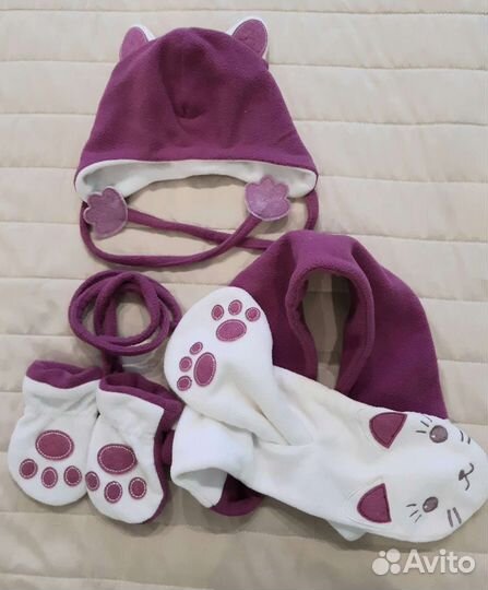 Комплект для девочки, шапка, шарф, варежки,р.3-6м