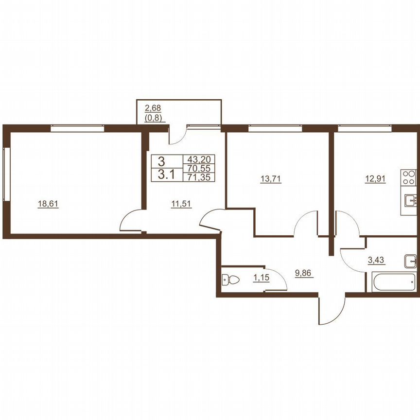 3-к. квартира, 71 м², 9/11 эт.