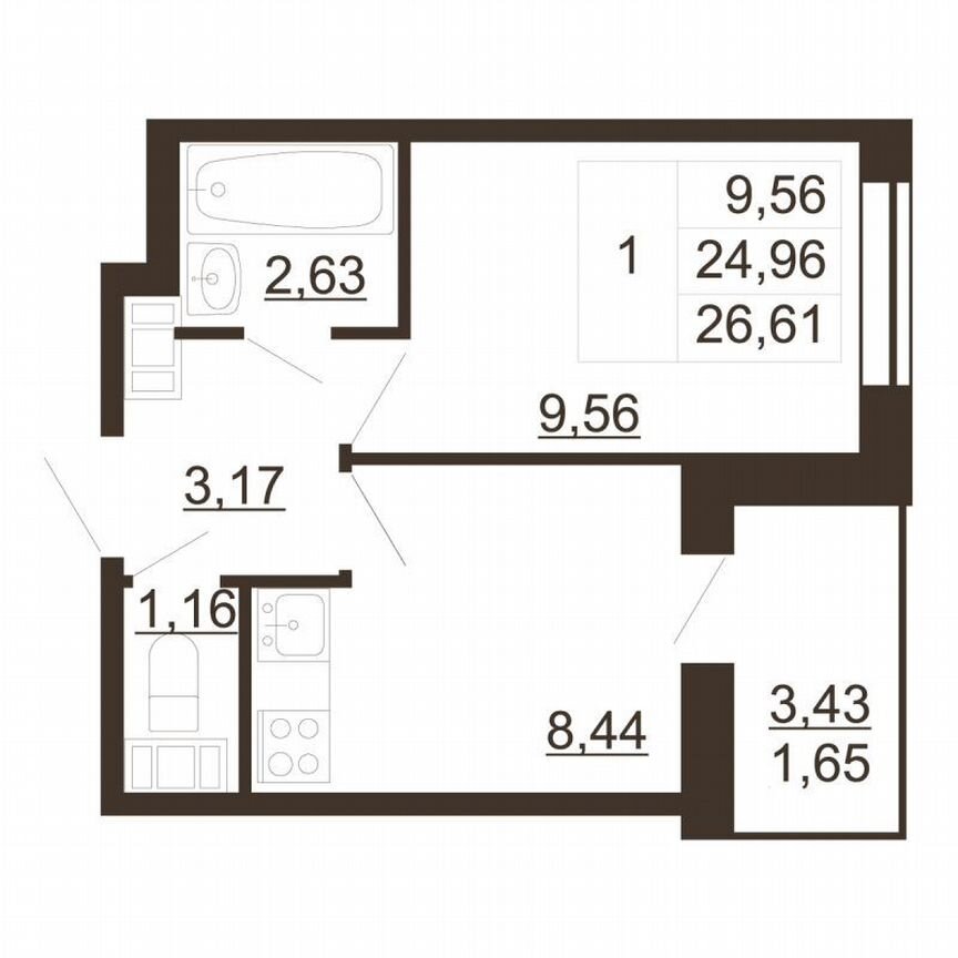 1-к. квартира, 26,6 м², 6/6 эт.