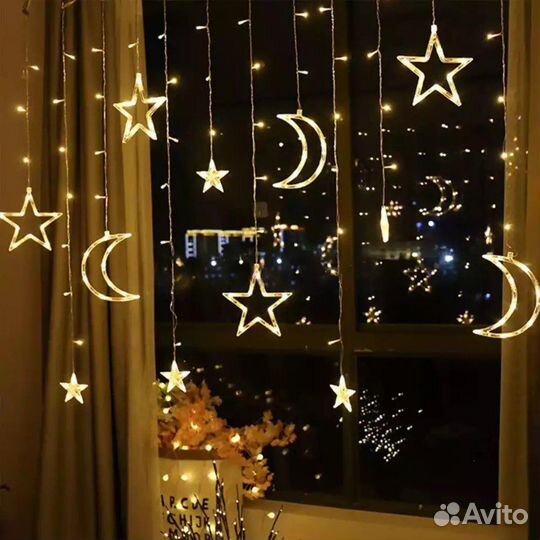 Гирлянда звезды с месяцем светодиодная, штора