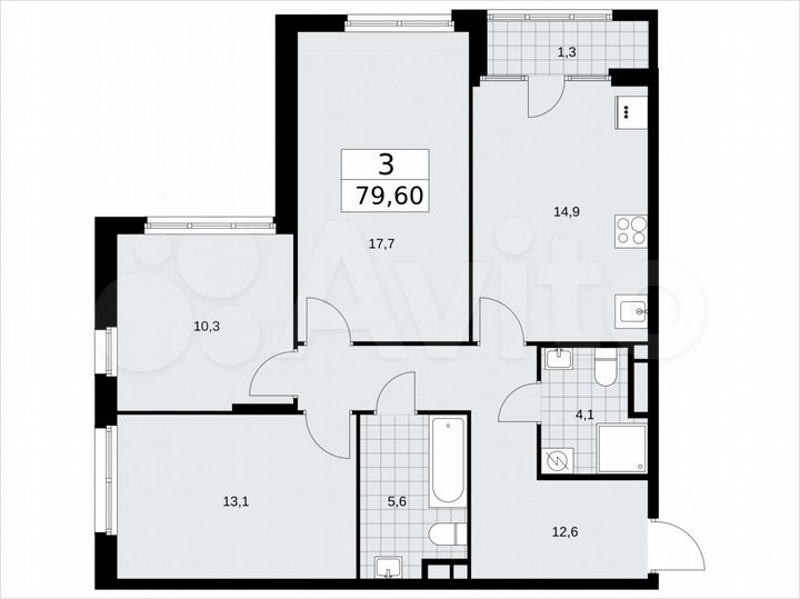 3-к. квартира, 79,6 м², 13/16 эт.