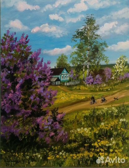 Картина маслом на холсте. Детство в деревне 50х40