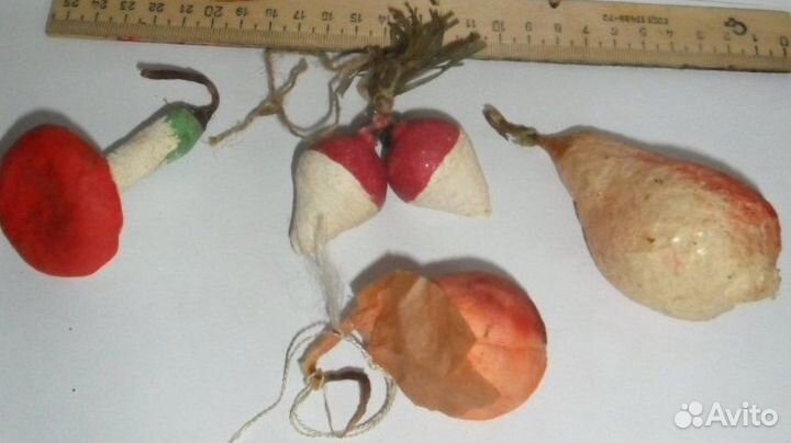 Елочная игрушка Груша,гриб,редис,персик Папье-маше