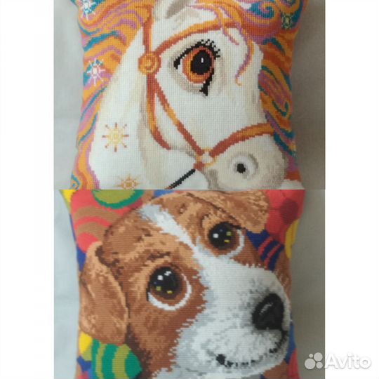 Новая Подушка вышитая крестиком Лошадка Собачка
