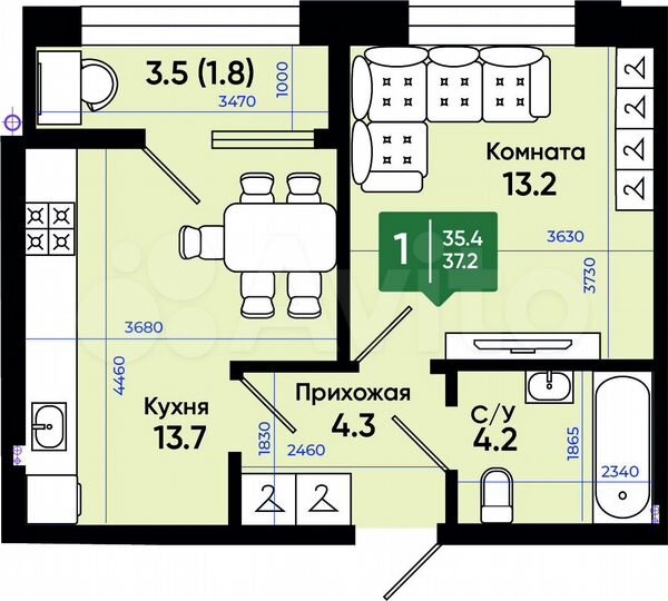 1-к. квартира, 37,2 м², 3/3 эт.