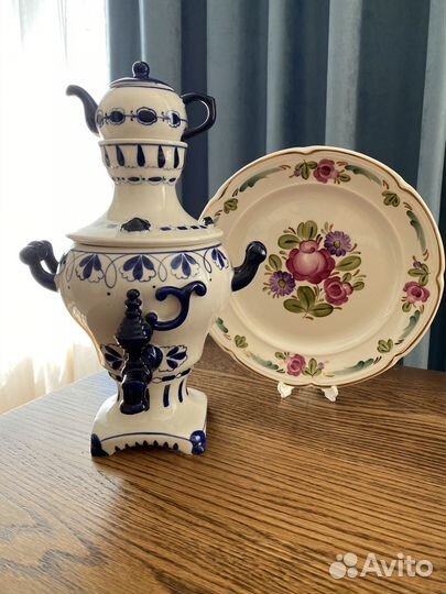 Самовар Гжель, тарелка зик