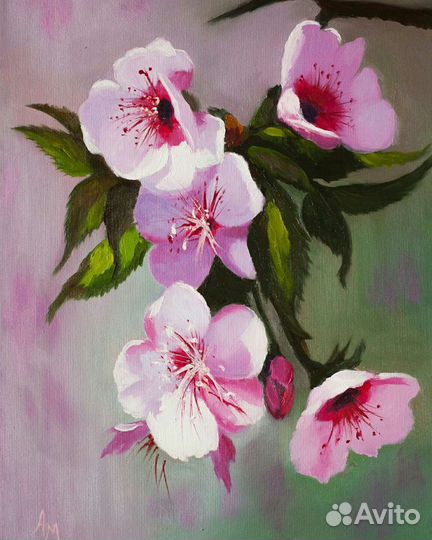 Картина маслом на холсте с цветами. Сакура