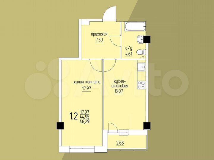 1-к. квартира, 46,6 м², 7/22 эт.