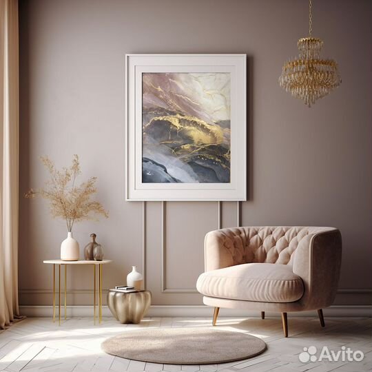 Розовая картина в интерьер с золотом 40х50 чернила