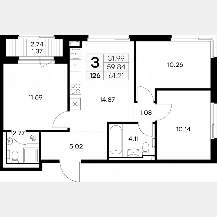 3-к. квартира, 61,2 м², 10/12 эт.