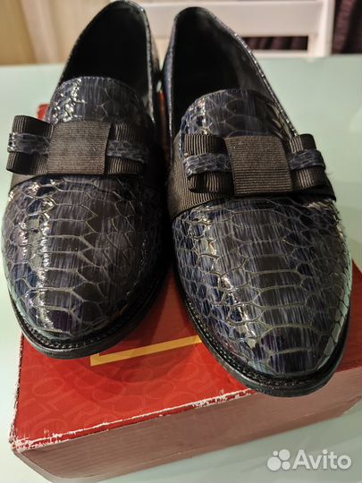 Туфли лоферы женские синие натуральная кожа 40