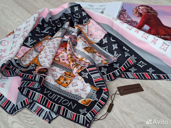 Платок розовый LV шелк ручной край 3цв