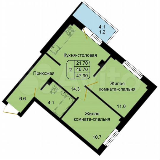 2-к. квартира, 47,9 м², 3/9 эт.