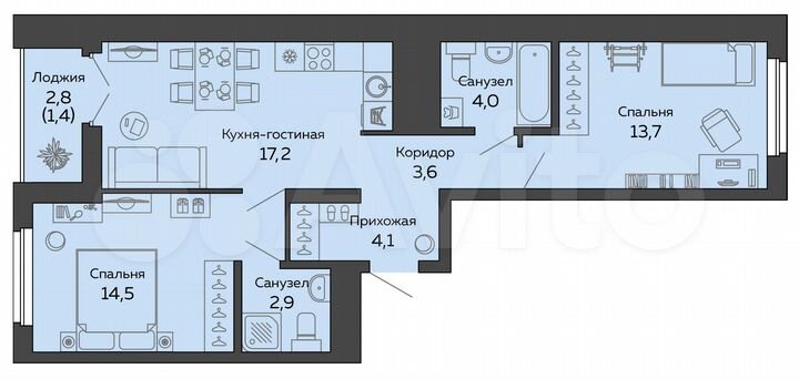 2-к. квартира, 61,4 м², 22/25 эт.