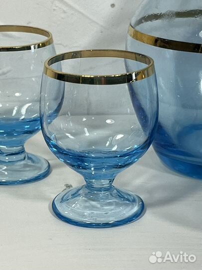 Графин и рюмки ликерные, голубое стекло, СССР