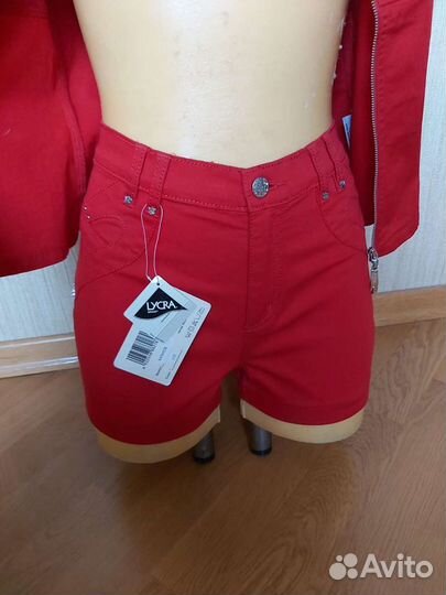 Костюм новый джинсовый красный шорты +рубашка р.М