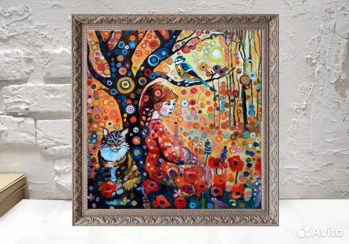 Картина маслом девочка у дерева холст 30*30см