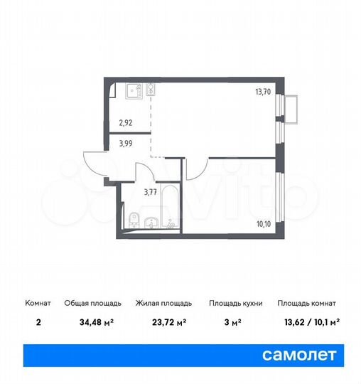 2-к. квартира, 34,5 м², 13/14 эт.