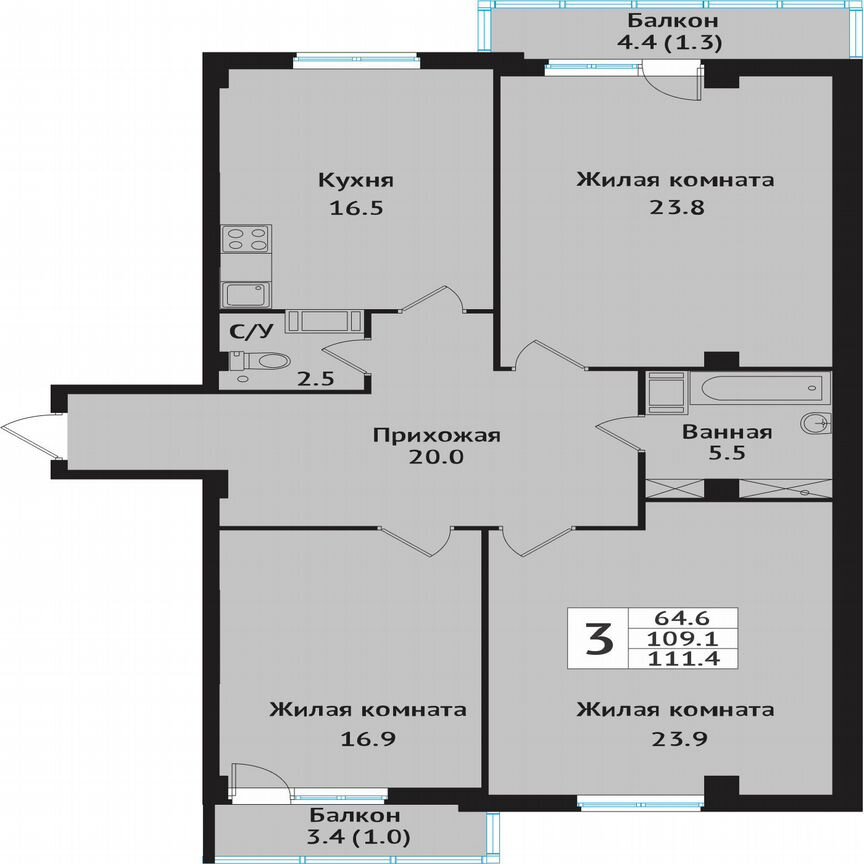 3-к. квартира, 116,8 м², 2/10 эт.