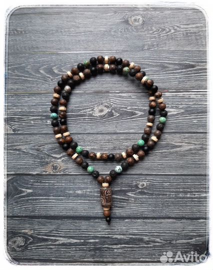 Бусы мужские бирюза, дерево, бронзит