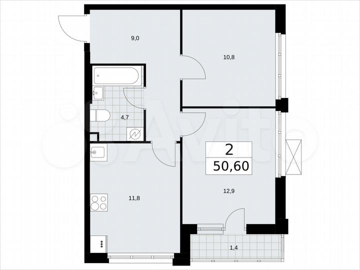 2-к. квартира, 50,6 м², 2/16 эт.