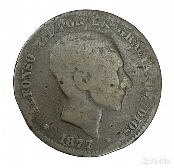 Монета 10 сентимо 1877 года, Испания, бронза