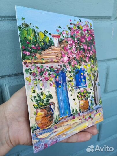 Картина маслом дом пейзаж город цветы бугенвиллия