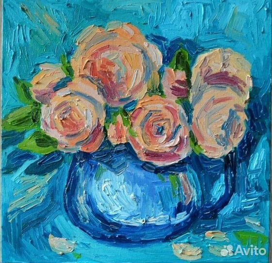 Картина маслом розы. розовые розы. букет роз