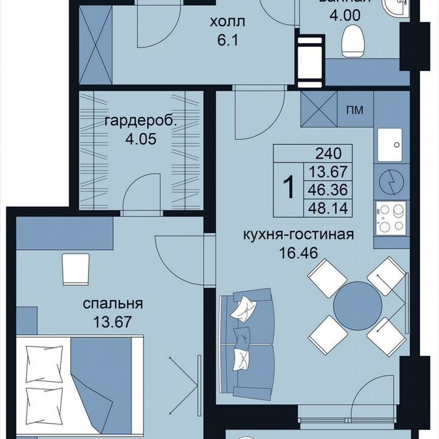 1-к. апартаменты, 47,9 м², 13/15 эт.